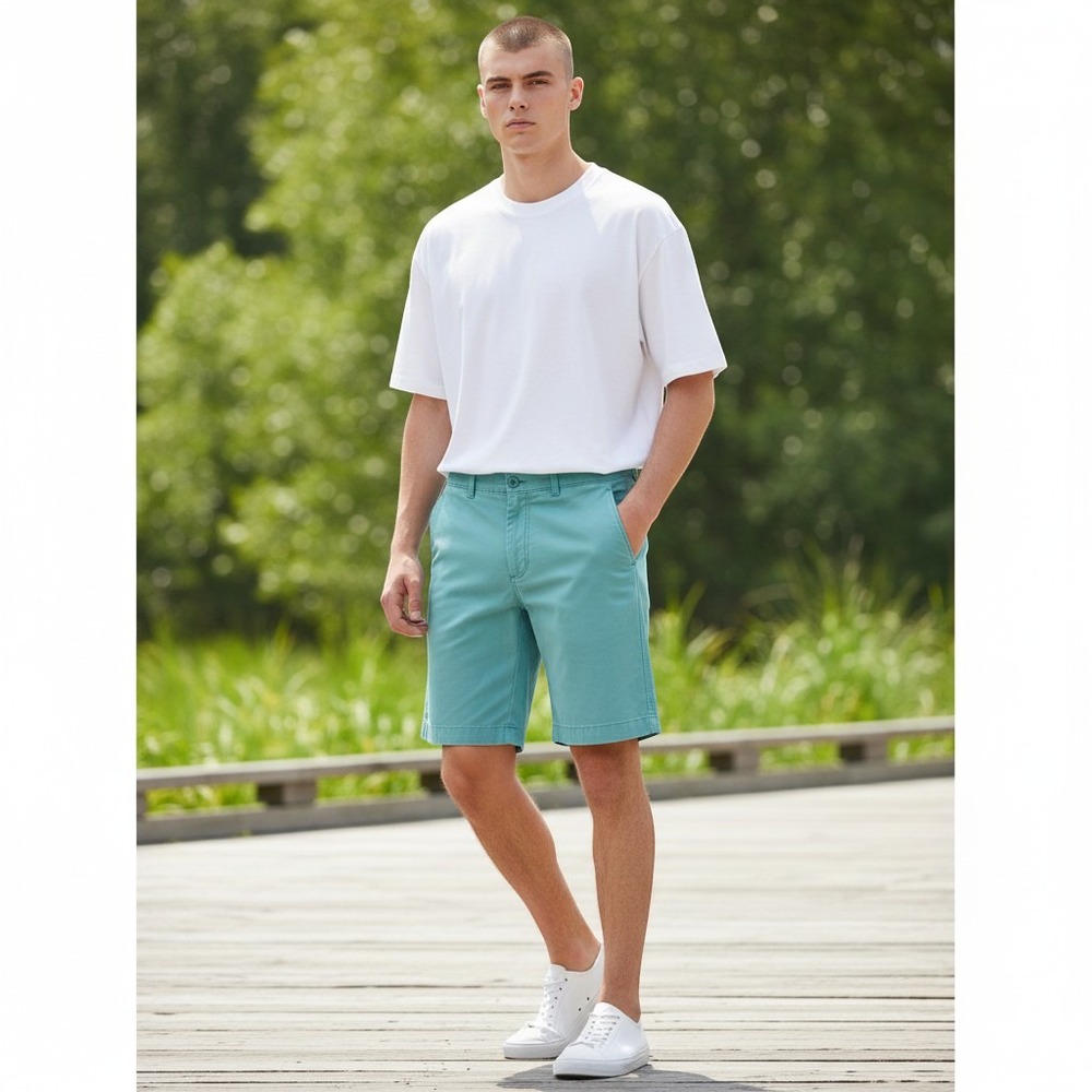 LL Bean Chino Shorts Mens 31 Teal Solid Standard Fit 9in Inseam‎ Preppy Coastal
